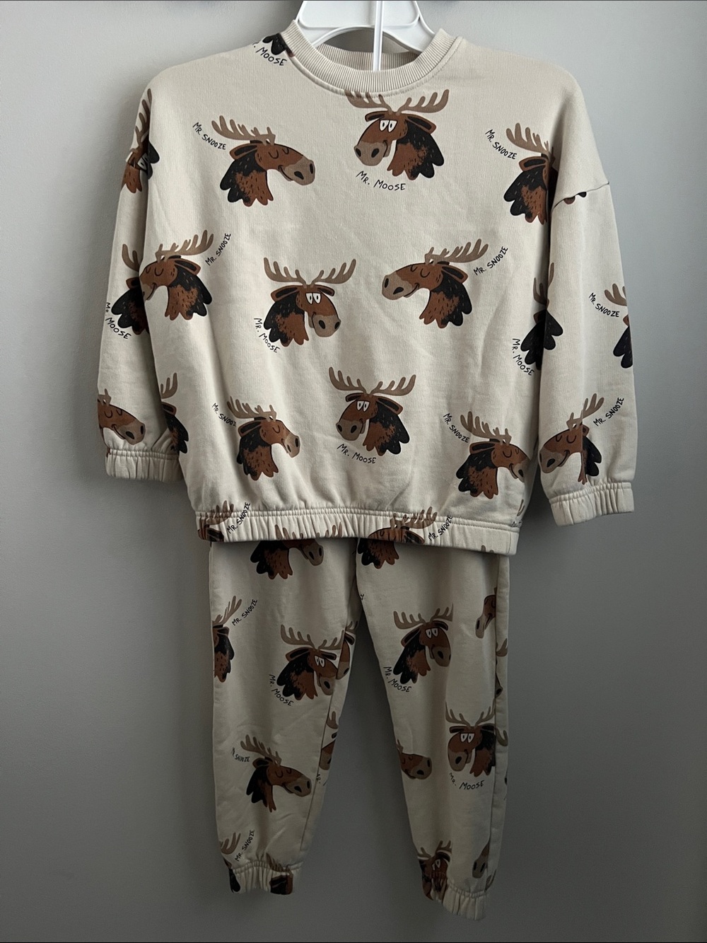 Kids Beige Moose Print Sweatsuit Set